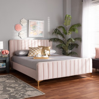 Baxton Studio CF0374-Light Pink-Full Nami Modern Contemporary Glam and Luxe Light Pink Velvet Fabric Upholstered and Gold Finished Full Size Platform Bed